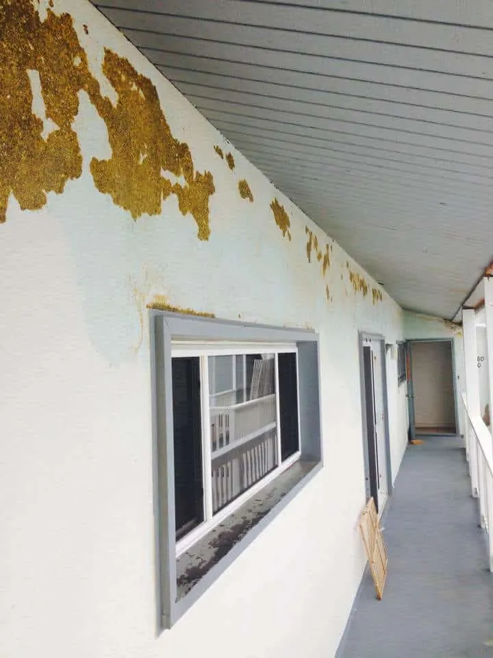 Peeling paint along an exterior wall before prep