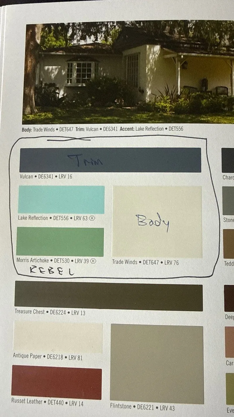 Body, trim and accent colors circled on a color selection sheet